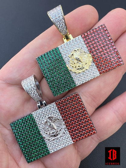 Mexico Flag 925 Silver Gold Plated Mexican 3 Color Pendant Chain CZ Necklace