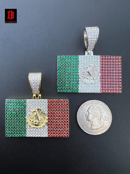 Mexico Flag 925 Silver Gold Plated Mexican 3 Color Pendant Chain CZ Necklace