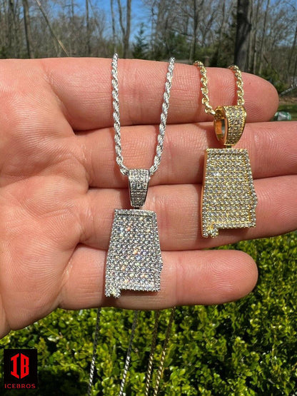 925 Silver Flag Alabama State Shape Pendant Iced CZ Diamond Necklace Gold