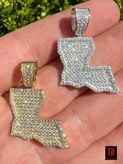 925 Silver Hip Hop Louisiana State Flag Shape Pendant Iced CZ Diamond Chain