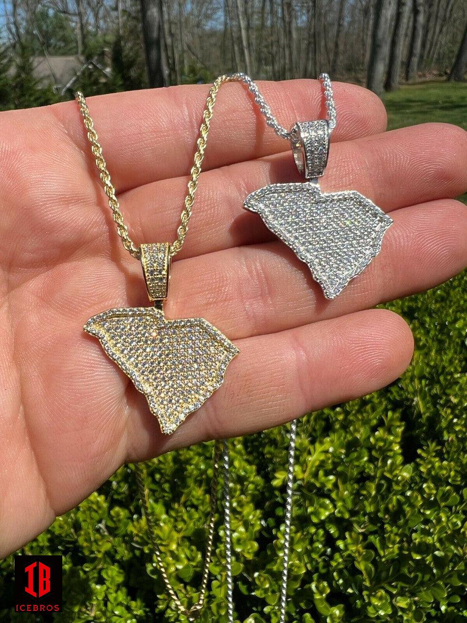 925 Silver Hip Hop South Carolina Flag Shape Pendant Iced Diamond Necklace Gold