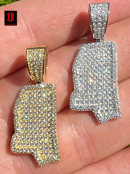 925 Silver Hip Hop Mississippi Shape Flag Pendant Iced CZ Diamond Necklace Gold