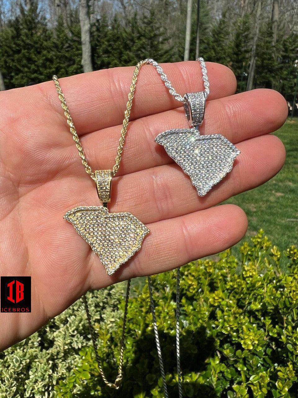 925 Silver Hip Hop South Carolina Flag Shape Pendant Iced Diamond Necklace Gold