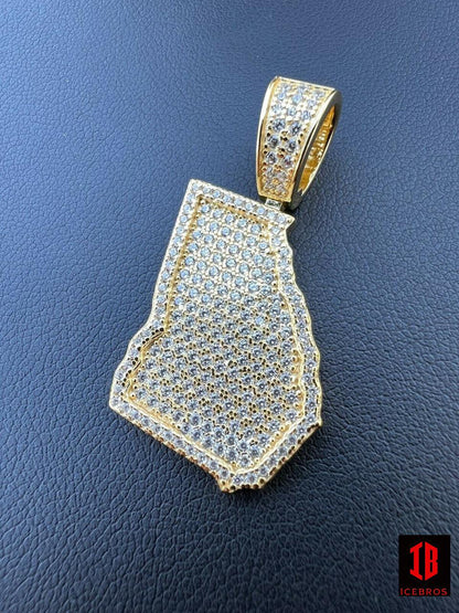 925 Sterling Silver Hip Hop Georgia Shape Flag Atlanta Pendant Iced CZ Diamond Necklace
