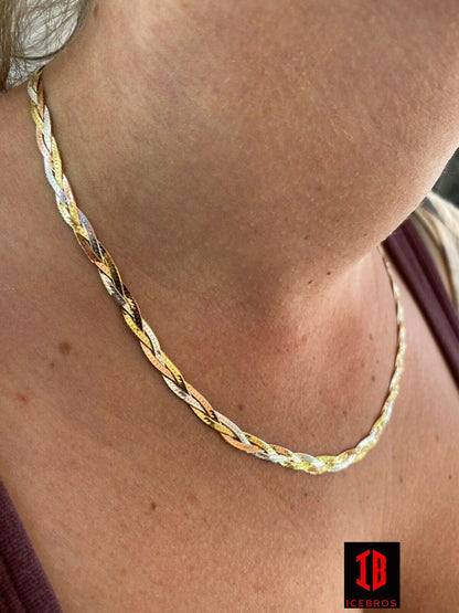 925 Silver Tri Color Yellow White Rose Gold Twisted Braided Herringbone Old School