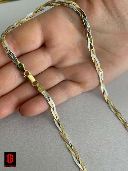 925 Silver Tri Color Yellow White Rose Gold Twisted Braided Herringbone Old School