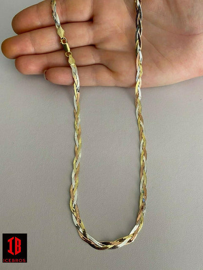 925 Silver Tri Color Yellow White Rose Gold Twisted Braided Herringbone Old School