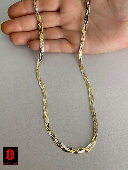 925 Silver Tri Color Yellow White Rose Gold Twisted Braided Herringbone Old School