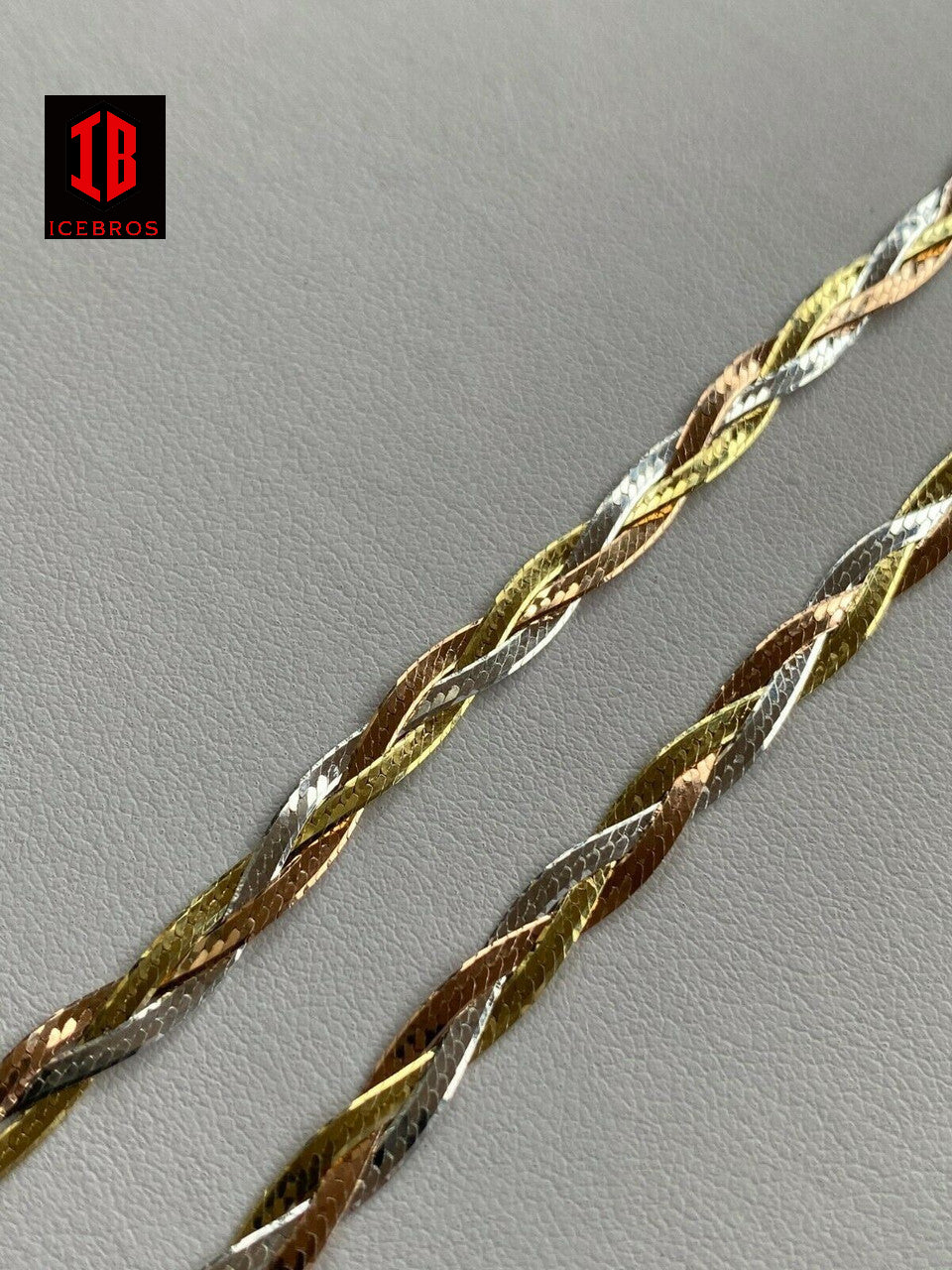 925 Silver Tri Color Yellow White Rose Gold Twisted Braided Herringbone Old School