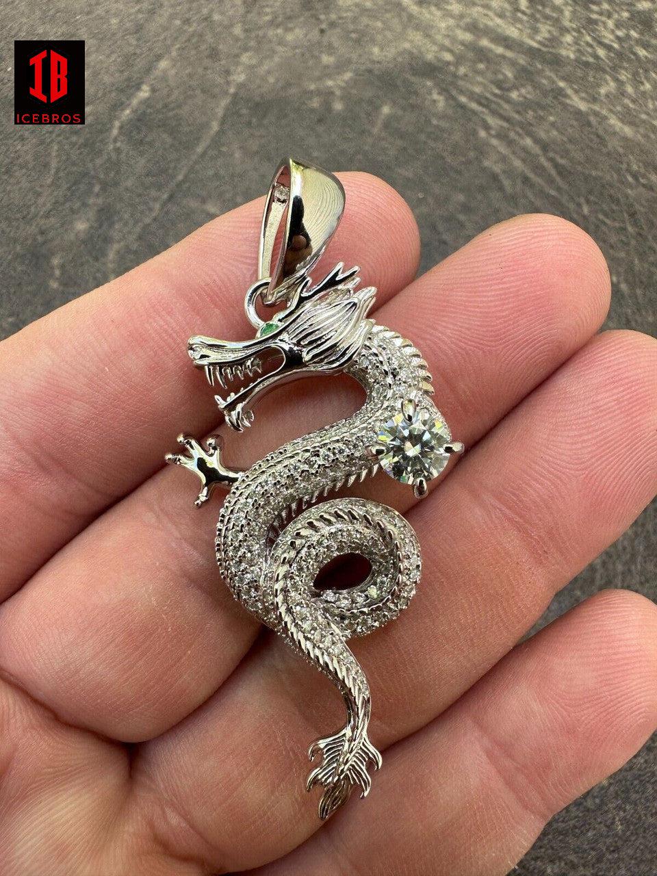 Moissanite 3D Dragon Pendant Iced Necklace 925 Sterling Silver 14k Gold gp