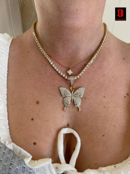 Butterfly Piece - Unisex Ladies Iced Real 925 Silver Gold Finish Necklace