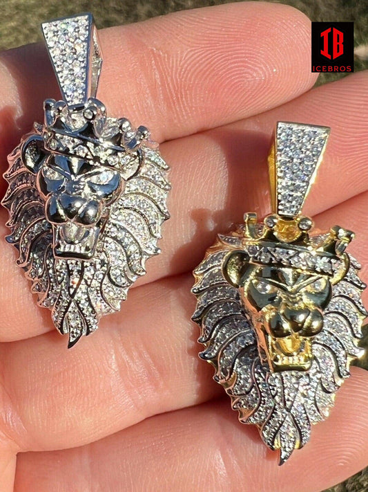 925 Silver 14K Gold Real Iced CZ Diamond Rasta Lion Crown Africa Pendant Necklace