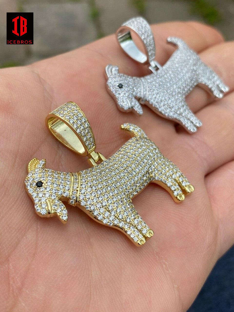 Solid 925 Sterling GOAT Pendant Bling Necklace Iced Gold Silver Unisex