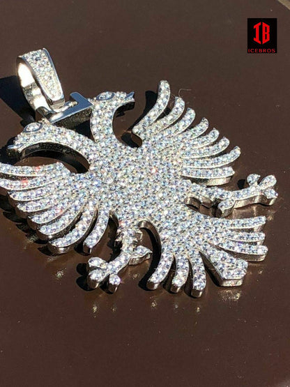 925 Silver Albanian Kosova Two Headed Eagle Charm cz Diamond 2inch Large