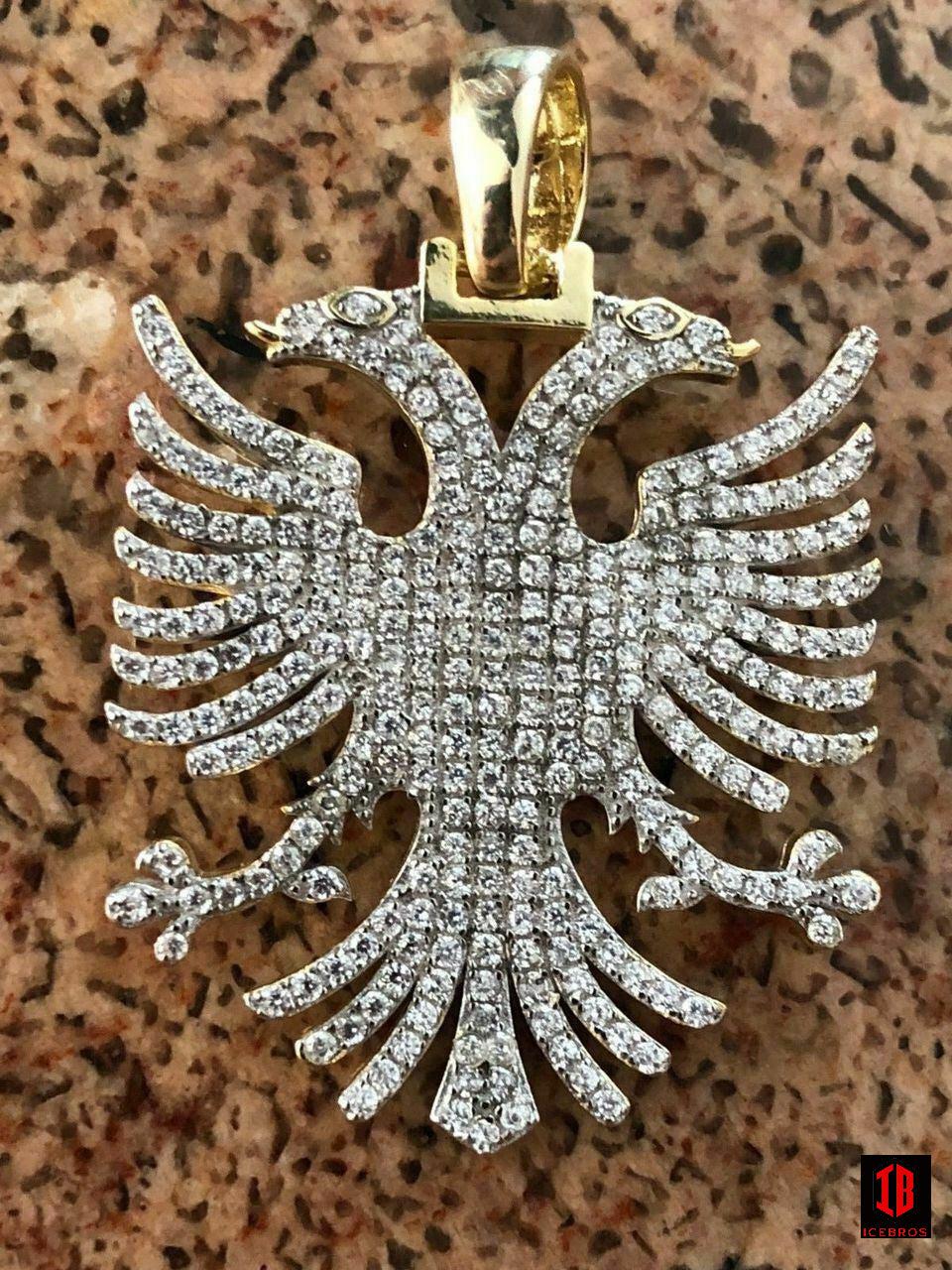 925 Silver Albanian Kosova Two Headed Eagle Charm cz Diamond 2inch Large