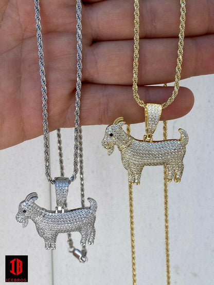 Solid 925 Sterling GOAT Pendant Bling Necklace Iced Gold Silver Unisex