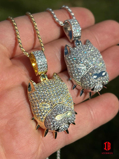 925 Silver Pitbull Dog Charm Necklace Iced Diamond Gold Necklace