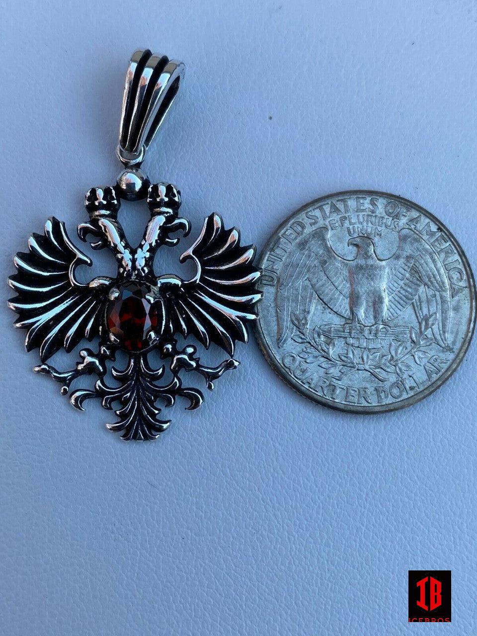 925 Sterling Silver Russian Double Head Matte Eagle Ruby Chain Gold