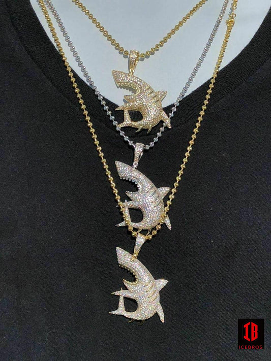 925 Silver Shark Pendant Diamond Big Piece Hip Hop Real Vermeil