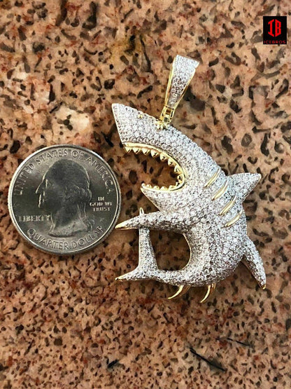 925 Silver Shark Pendant Diamond Big Piece Hip Hop Real Vermeil