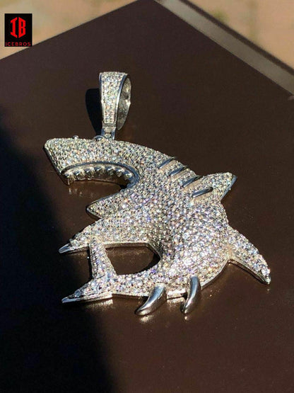 925 Silver Shark Pendant Diamond Big Piece Hip Hop Real Vermeil