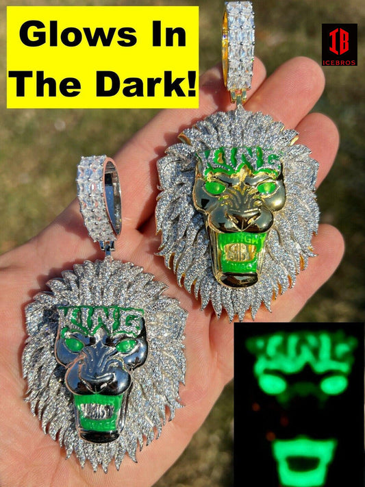 925 Silver Gold Glows In The Dark LION GREEN KING Large Hip Hop Pendant