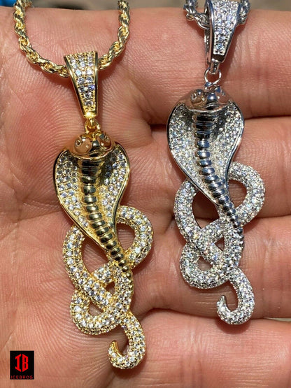 925 Sterling Silver Snake King Cobra Charm Necklace Iced 14K Gold