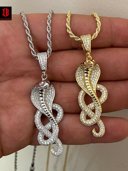 925 Sterling Silver Snake King Cobra Charm Necklace Iced 14K Gold