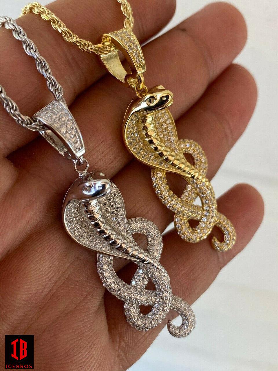 925 Sterling Silver Snake King Cobra Charm Necklace Iced 14K Gold