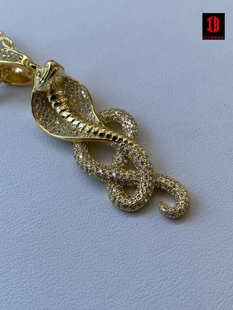 925 Sterling Silver Snake King Cobra Charm Necklace Iced 14K Gold