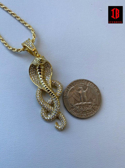 925 Sterling Silver Snake King Cobra Charm Necklace Iced 14K Gold