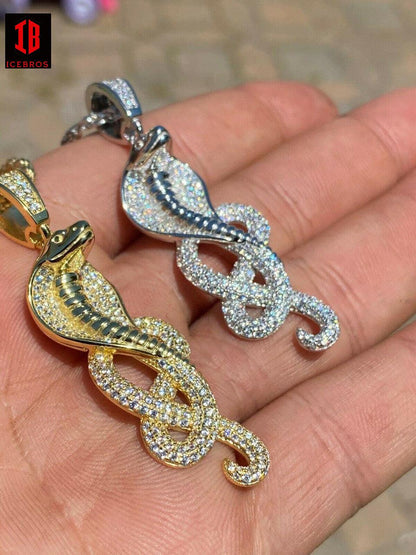 925 Sterling Silver Snake King Cobra Charm Necklace Iced 14K Gold