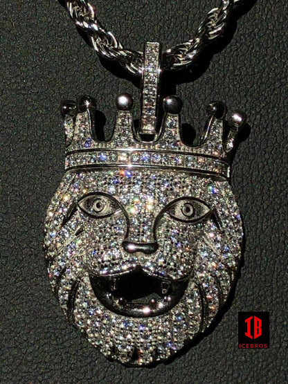 Lion Crown Bail Solid 925 Sterling Silver Pendant Diamond African Rasta LEO Chain