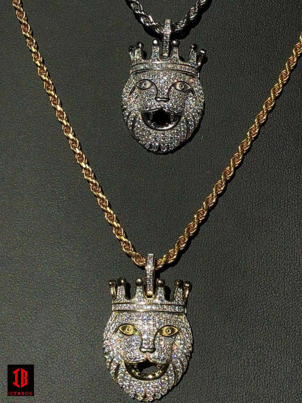 Lion Crown Bail Solid 925 Sterling Silver Pendant Diamond African Rasta LEO Chain