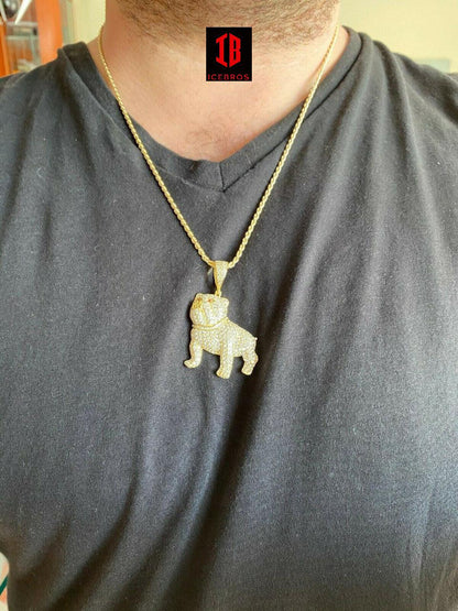 925 Sterling Bull Dog Charm Necklace Iced 14k Gold Silver Necklace Hip Hop