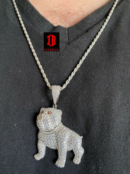 925 Sterling Bull Dog Charm Necklace Iced 14k Gold Silver Necklace Hip Hop