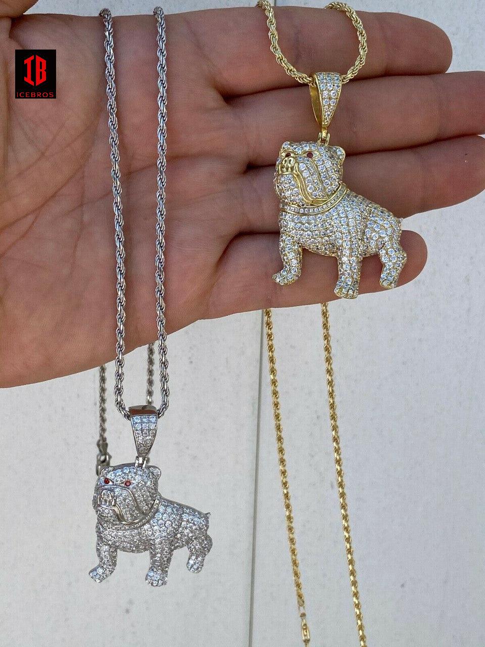 925 Sterling Bull Dog Charm Necklace Iced 14k Gold Silver Necklace Hip Hop