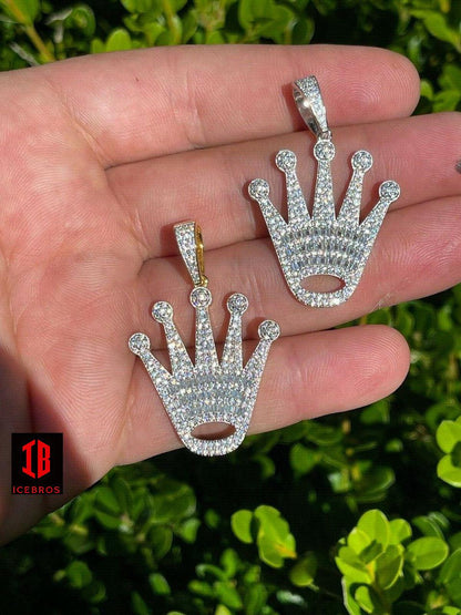 Fine 925 Sterling Silver Hip Hop King Crown Pendant Iced Diamond Necklace Gold