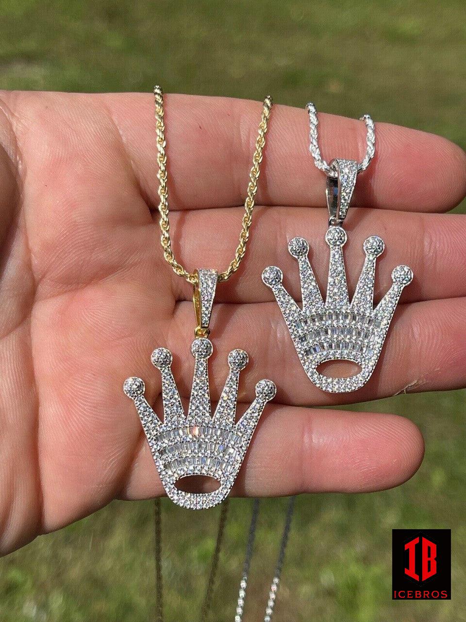 Fine 925 Sterling Silver Hip Hop King Crown Pendant Iced Diamond Necklace Gold