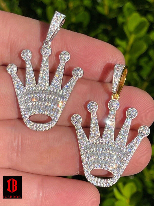 Fine 925 Sterling Silver Hip Hop King Crown Pendant Iced Diamond Necklace Gold