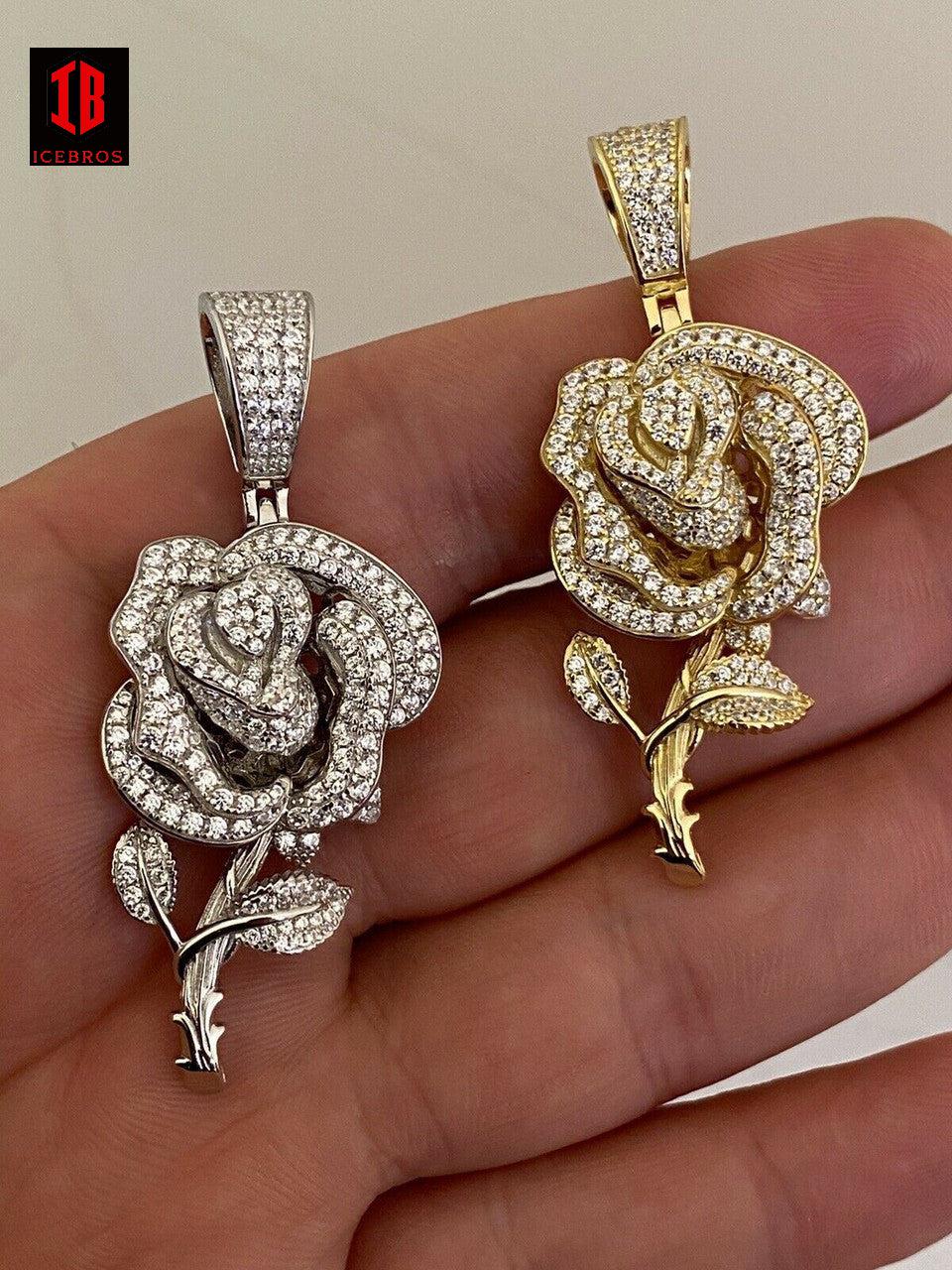 925 Silver Rose Flower Charm Chain Iced Out Gold CZ