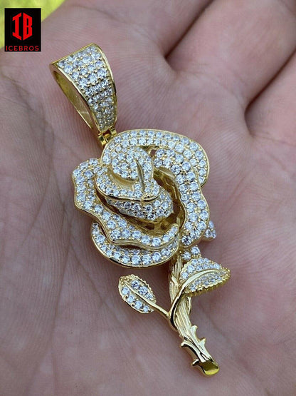 925 Silver Rose Flower Charm Chain Iced Out Gold CZ