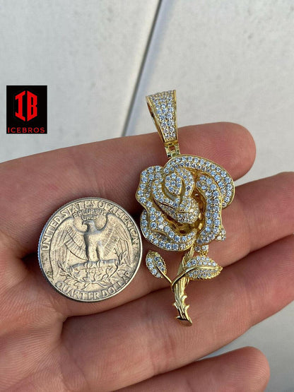 925 Silver Rose Flower Charm Chain Iced Out Gold CZ