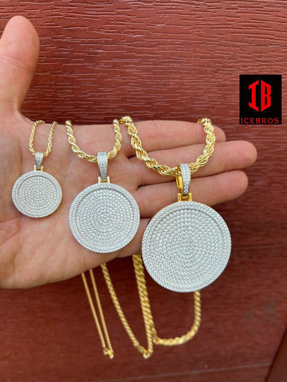 CZ Round Dog Tag Out Iced Round Hip Hop Charm Pendant Necklace