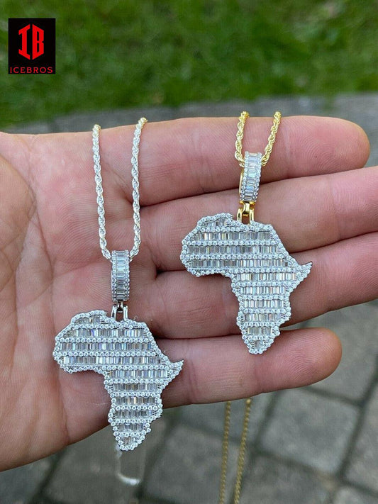 925 Silver Gold Baguette Africa Map Shape Pendant Iced Diamond Necklace Gold