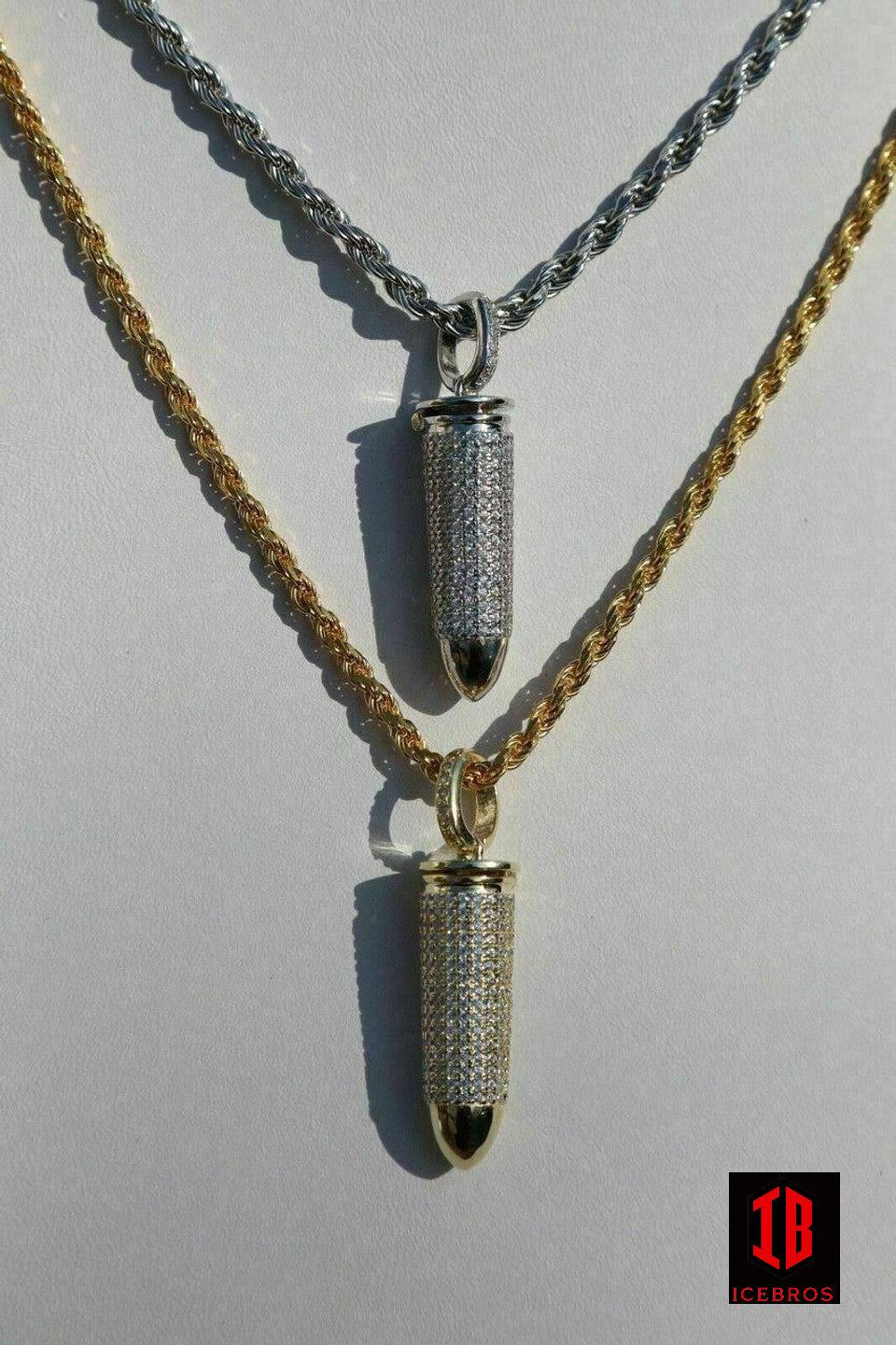 Vermeil 925 Silver Bullet Iced Stash Pendant + Rope Chain Men's Chain Necklace