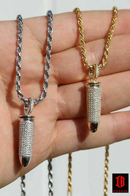 Vermeil 925 Silver Bullet Iced Stash Pendant + Rope Chain Men's Chain Necklace