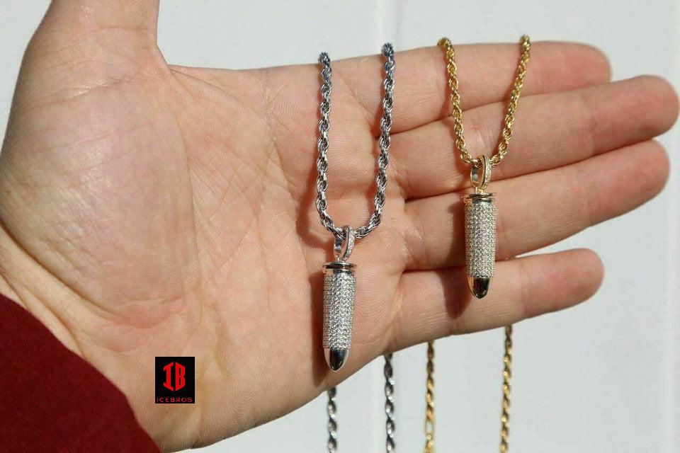 Vermeil 925 Silver Bullet Iced Stash Pendant + Rope Chain Men's Chain Necklace