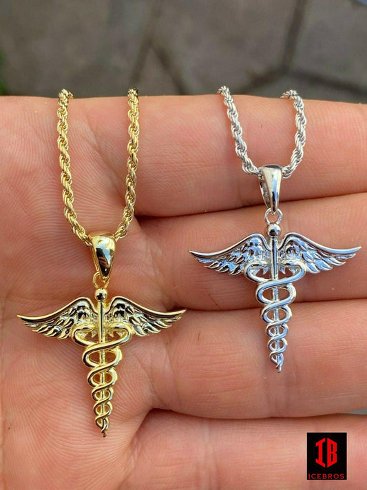 925 Silver Gold Caduceus Pendant Chain Healthcare Worker Nurse Doctor