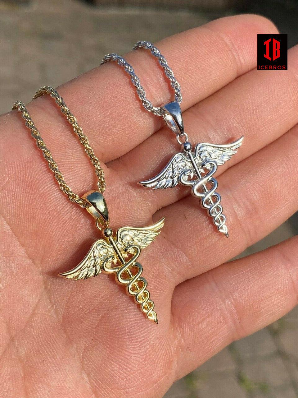 925 Silver Gold Caduceus Pendant Chain Healthcare Worker Nurse Doctor